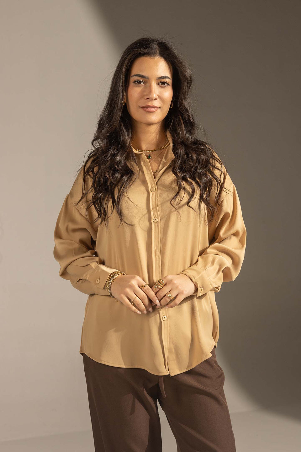 Camel Soft Satin Relaxed Button-Up Shirt