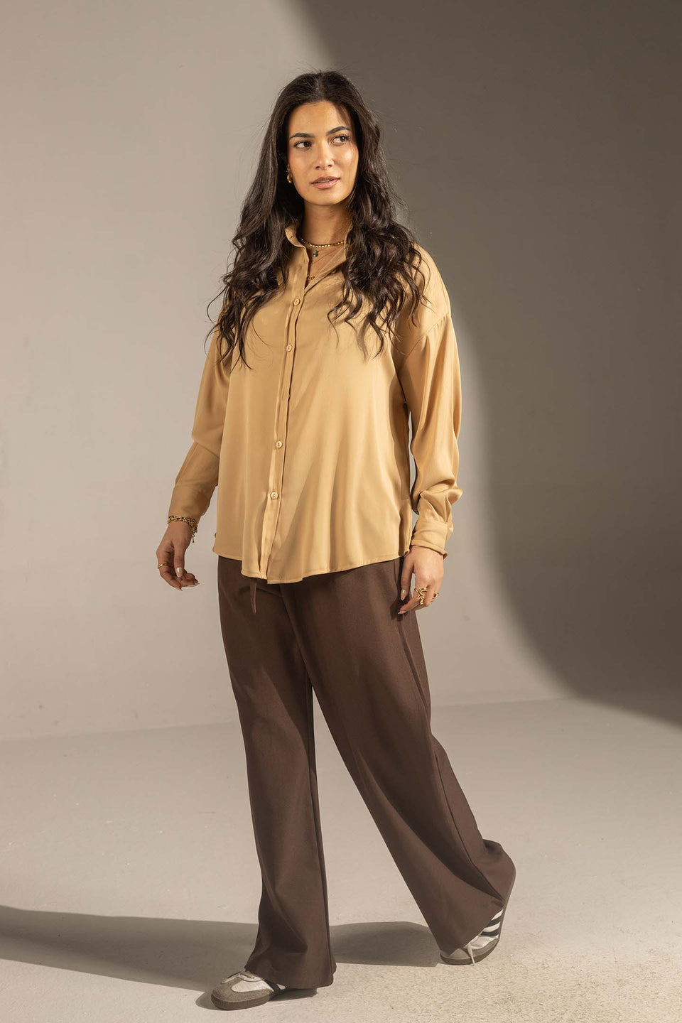 Camel Soft Satin Relaxed Button-Up Shirt