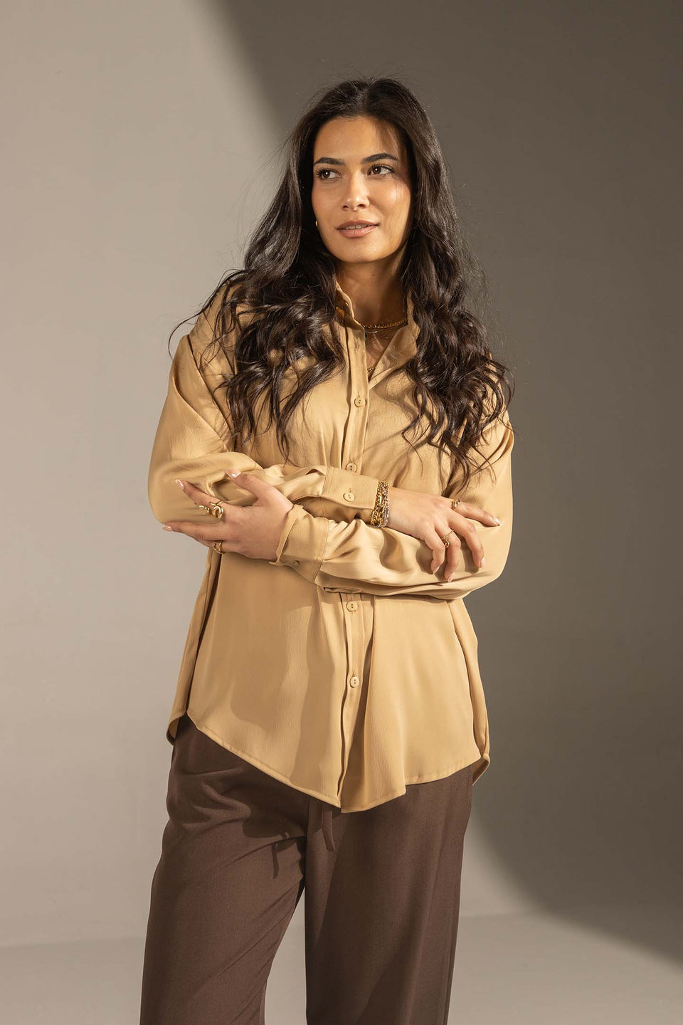 Camel Soft Satin Relaxed Button-Up Shirt