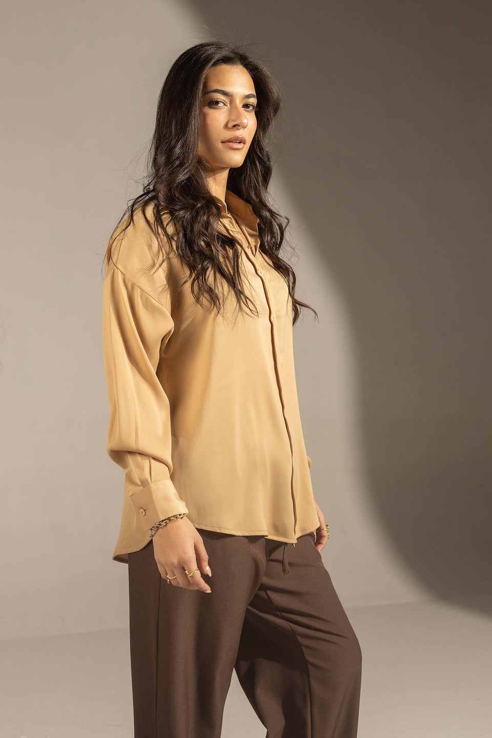 Camel Soft Satin Relaxed Button-Up Shirt