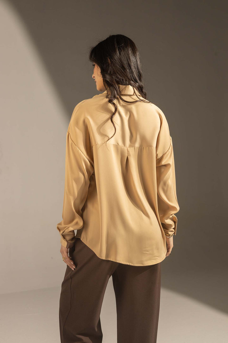 Camel Soft Satin Relaxed Button-Up Shirt