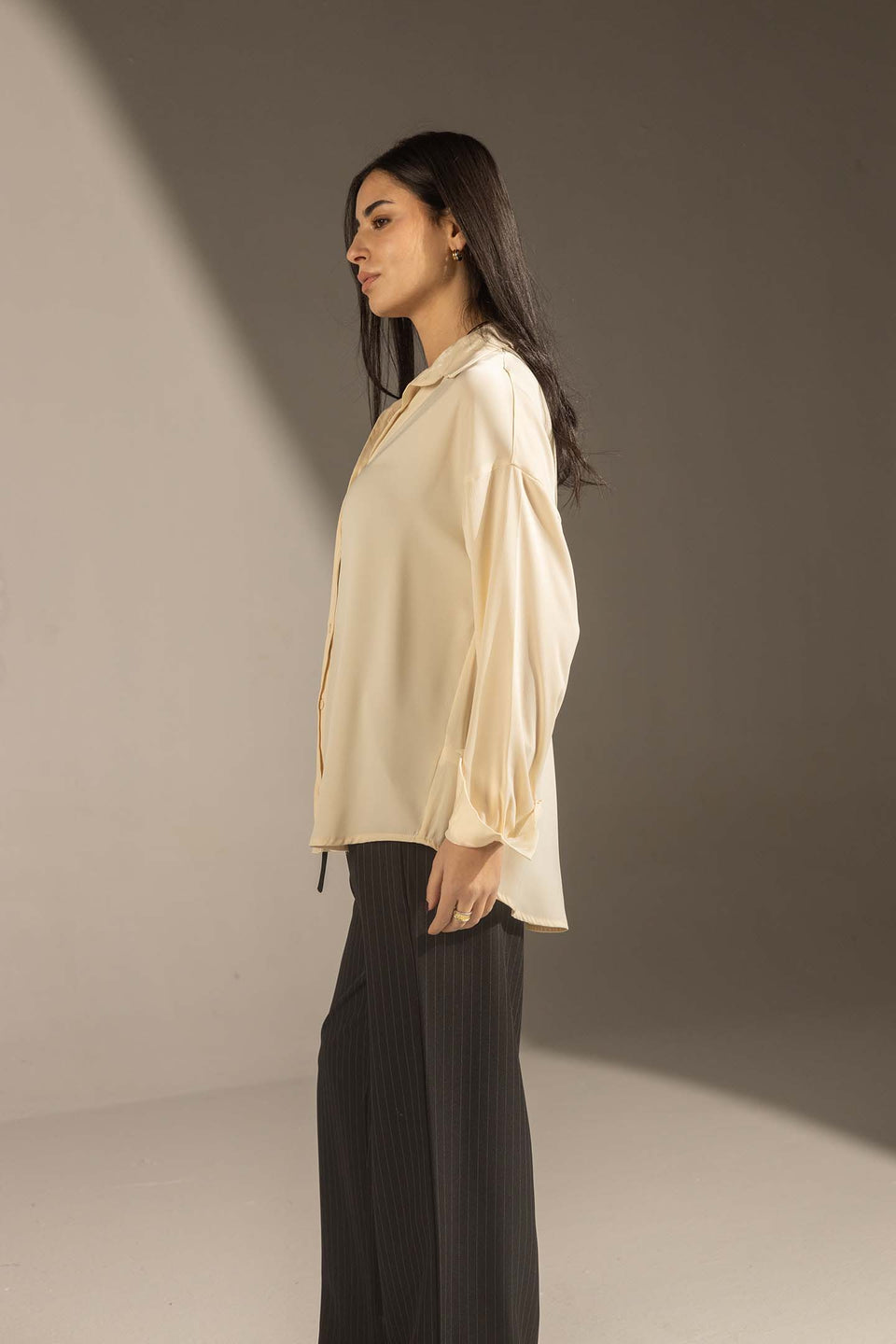 Off White Soft Satin Relaxed Button-Up Shirt
