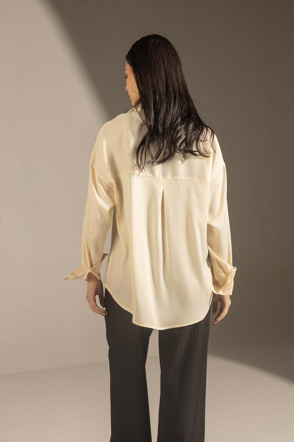 Off White Soft Satin Relaxed Button-Up Shirt