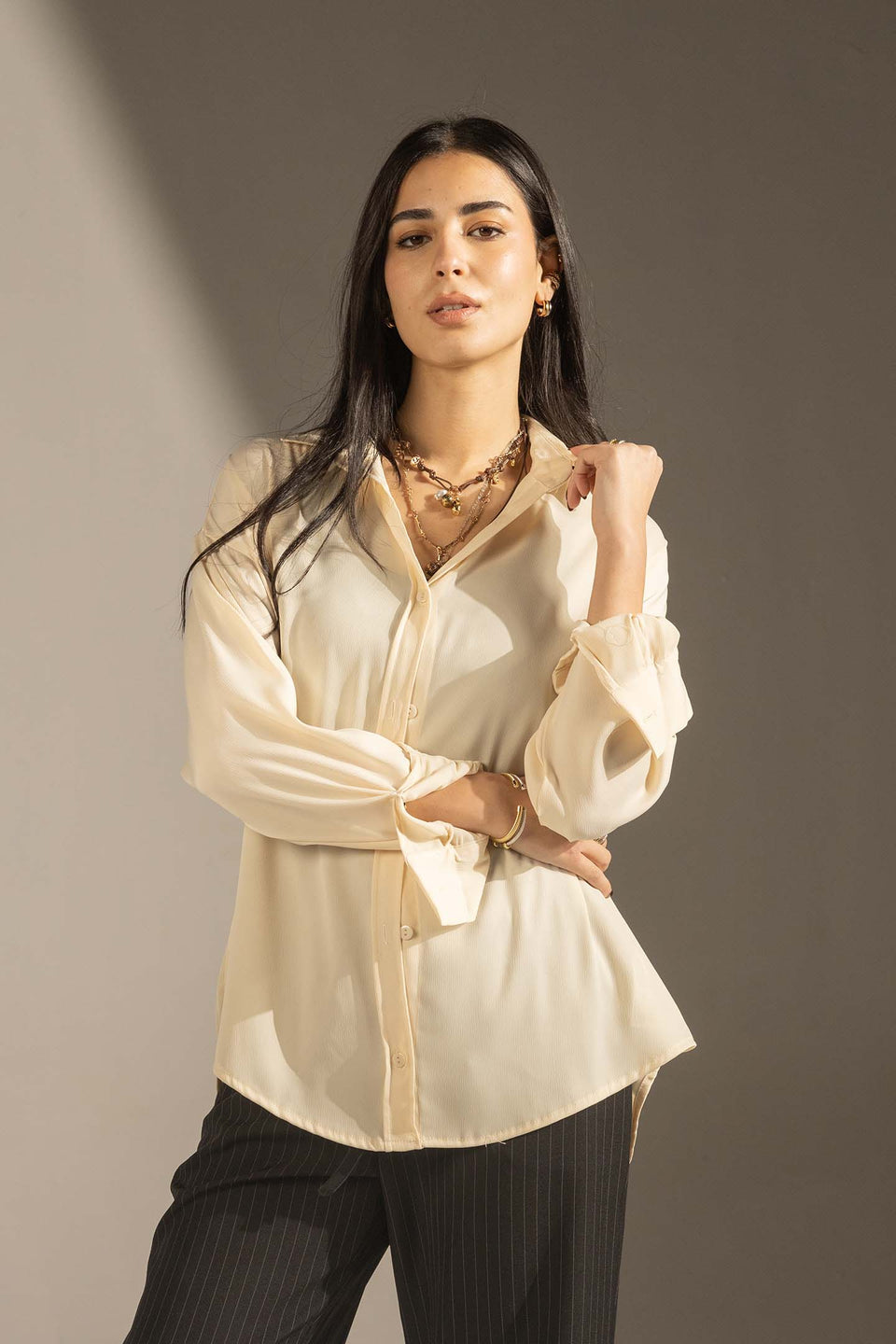 Off White Soft Satin Relaxed Button-Up Shirt