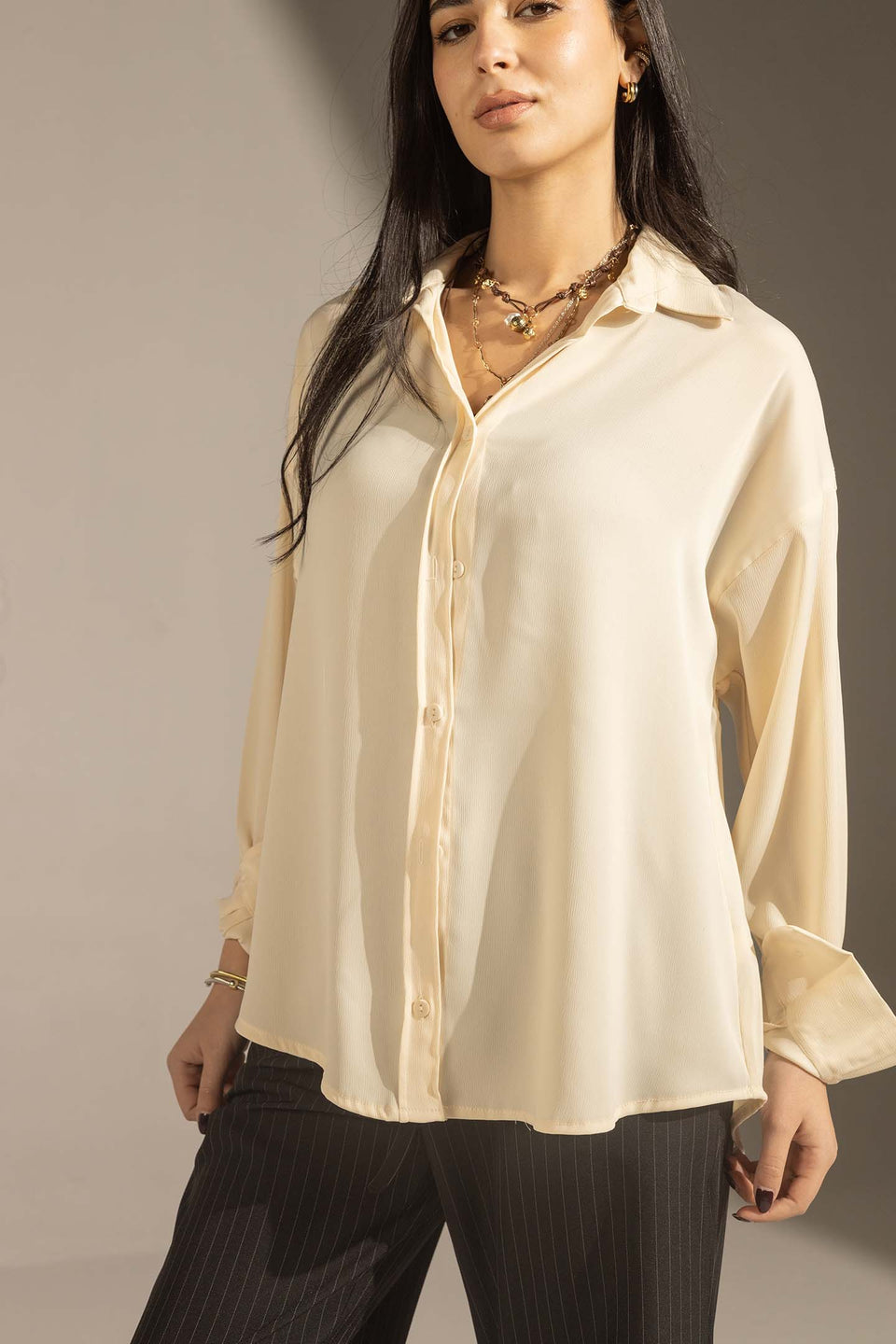 Off White Soft Satin Relaxed Button-Up Shirt