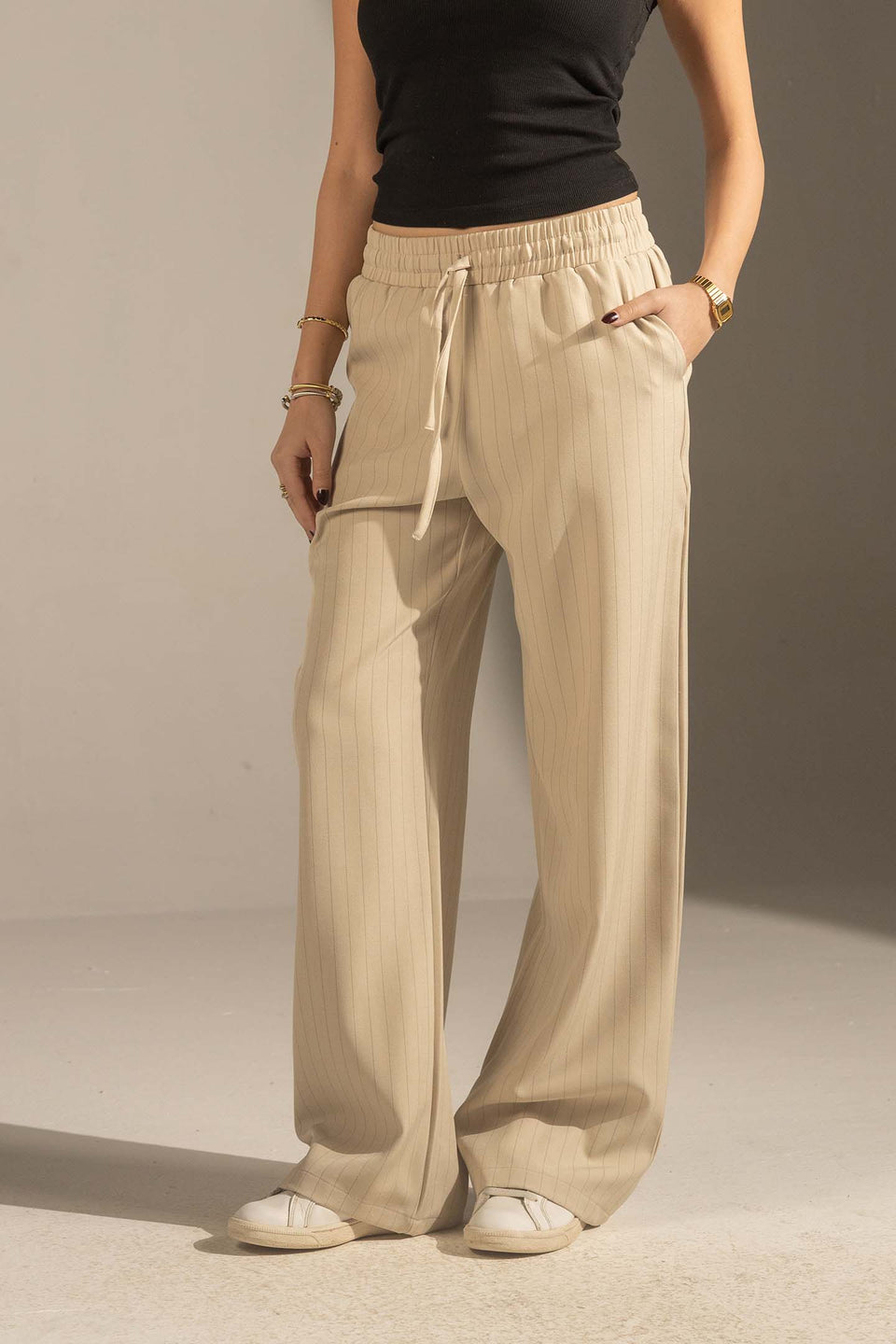 Beige Pinstriped Wide-Leg Elastic Waist Pants