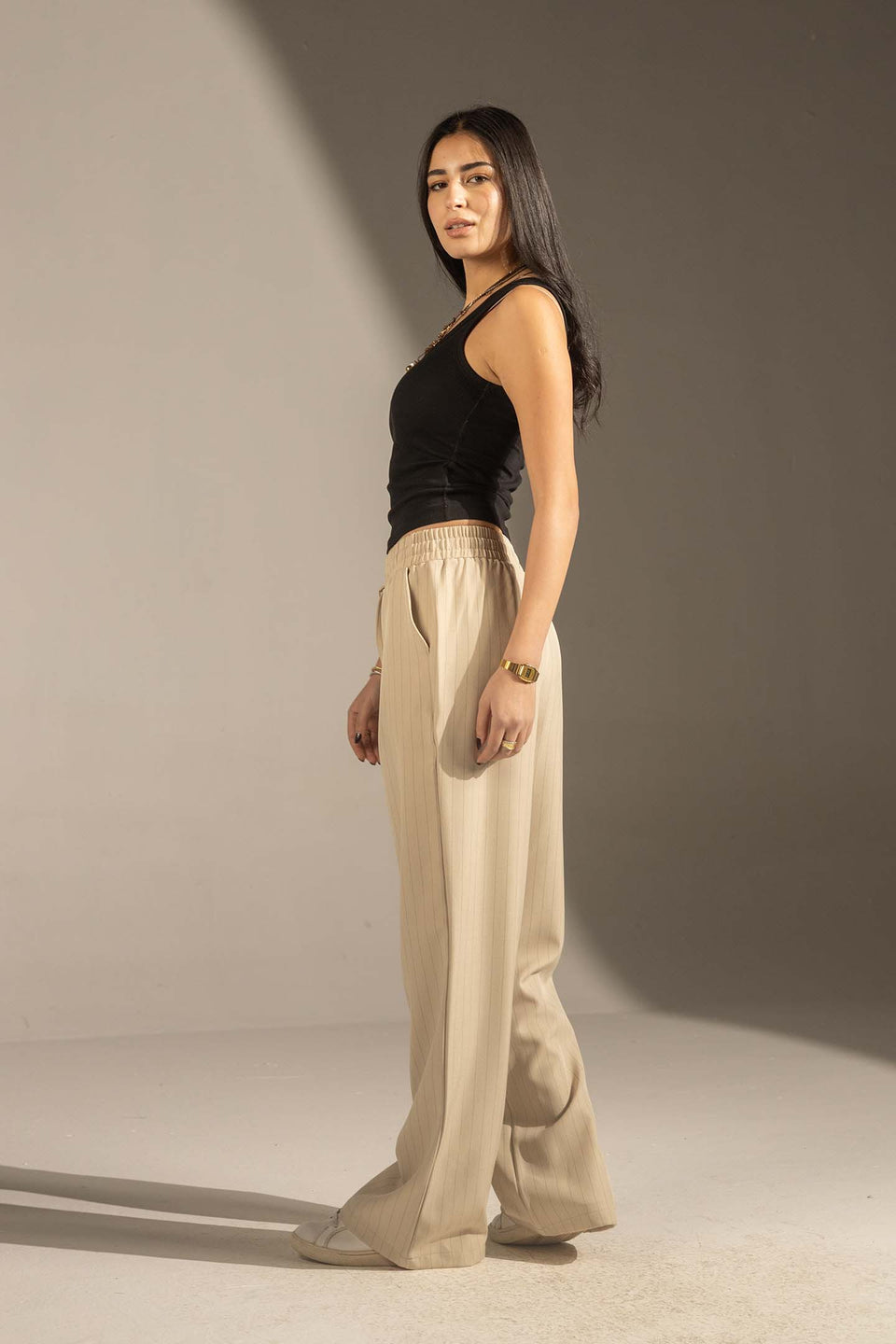 Beige Pinstriped Wide-Leg Elastic Waist Pants