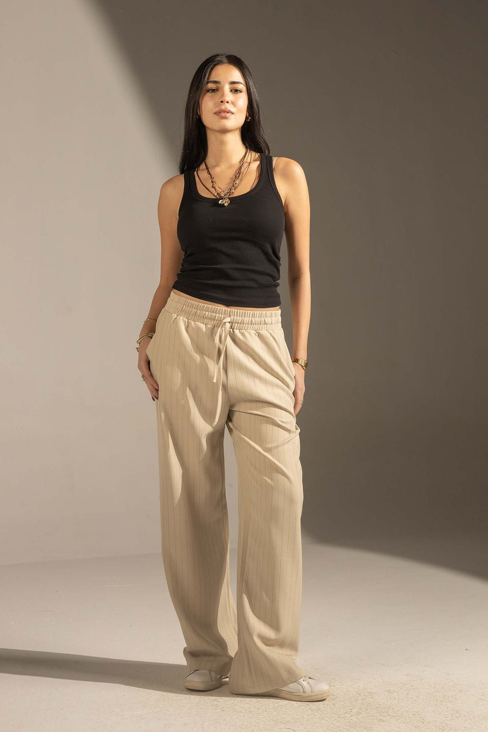 Beige Pinstriped Wide-Leg Elastic Waist Pants
