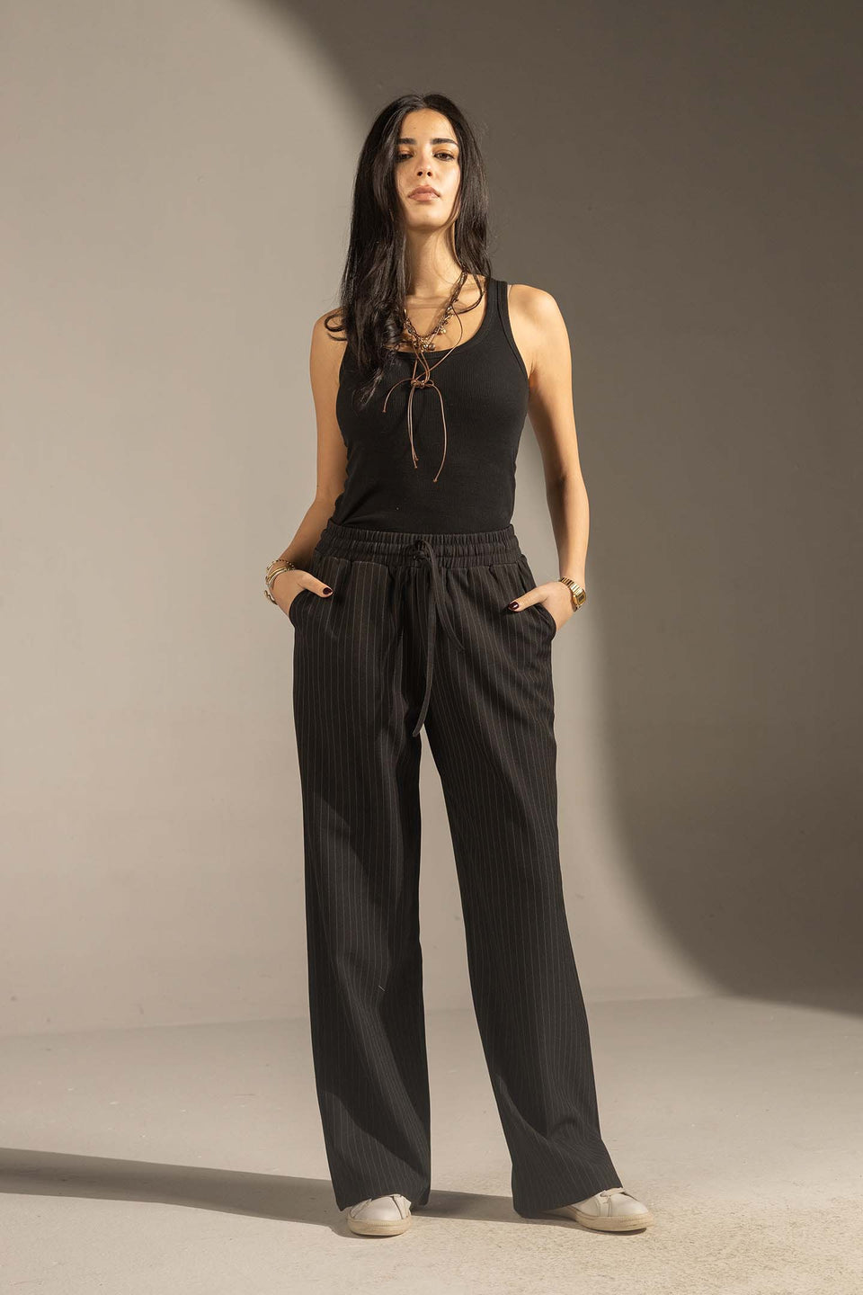 Black Pinstriped Wide-Leg Elastic Waist Pants
