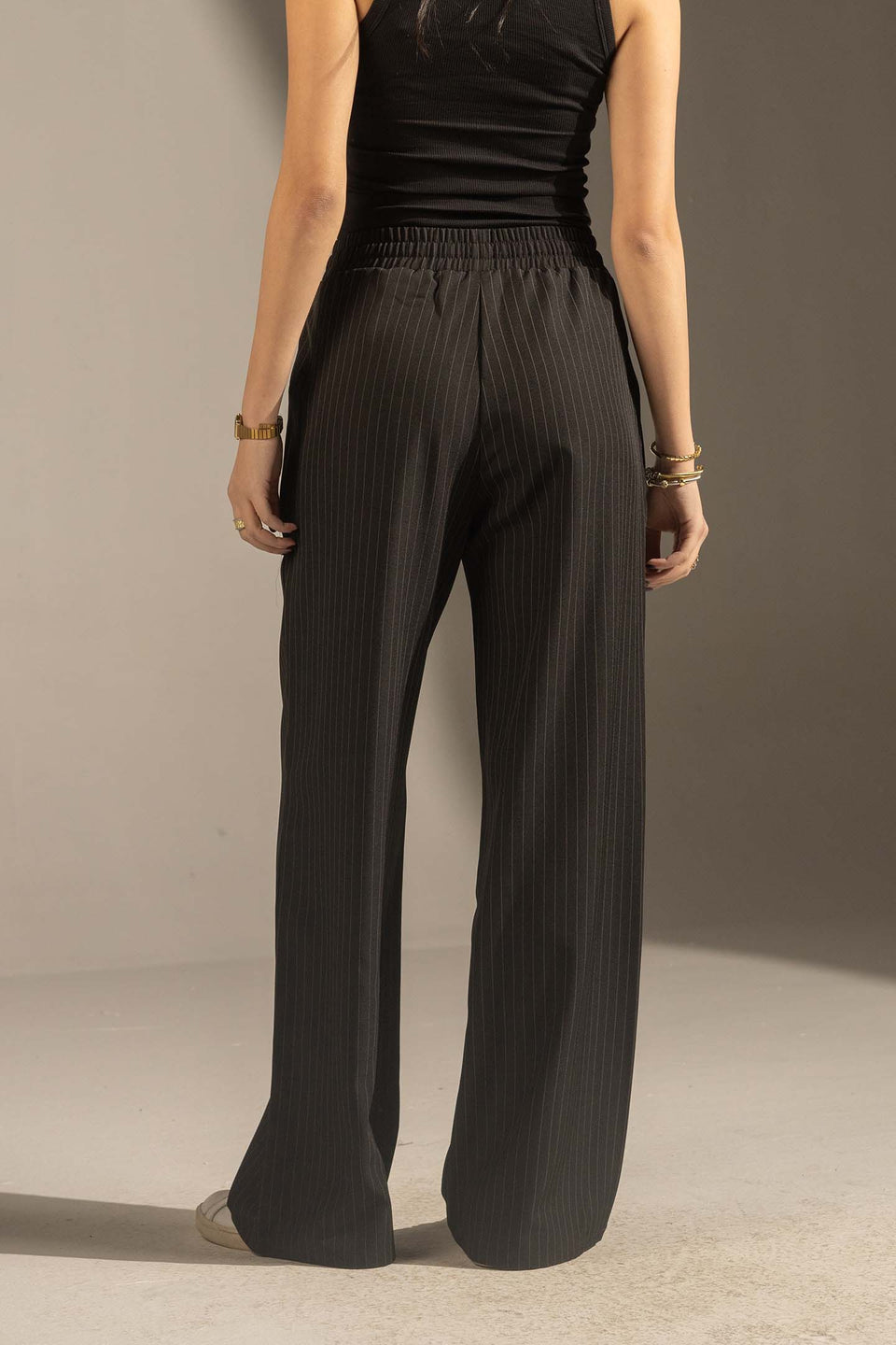Black Pinstriped Wide-Leg Elastic Waist Pants