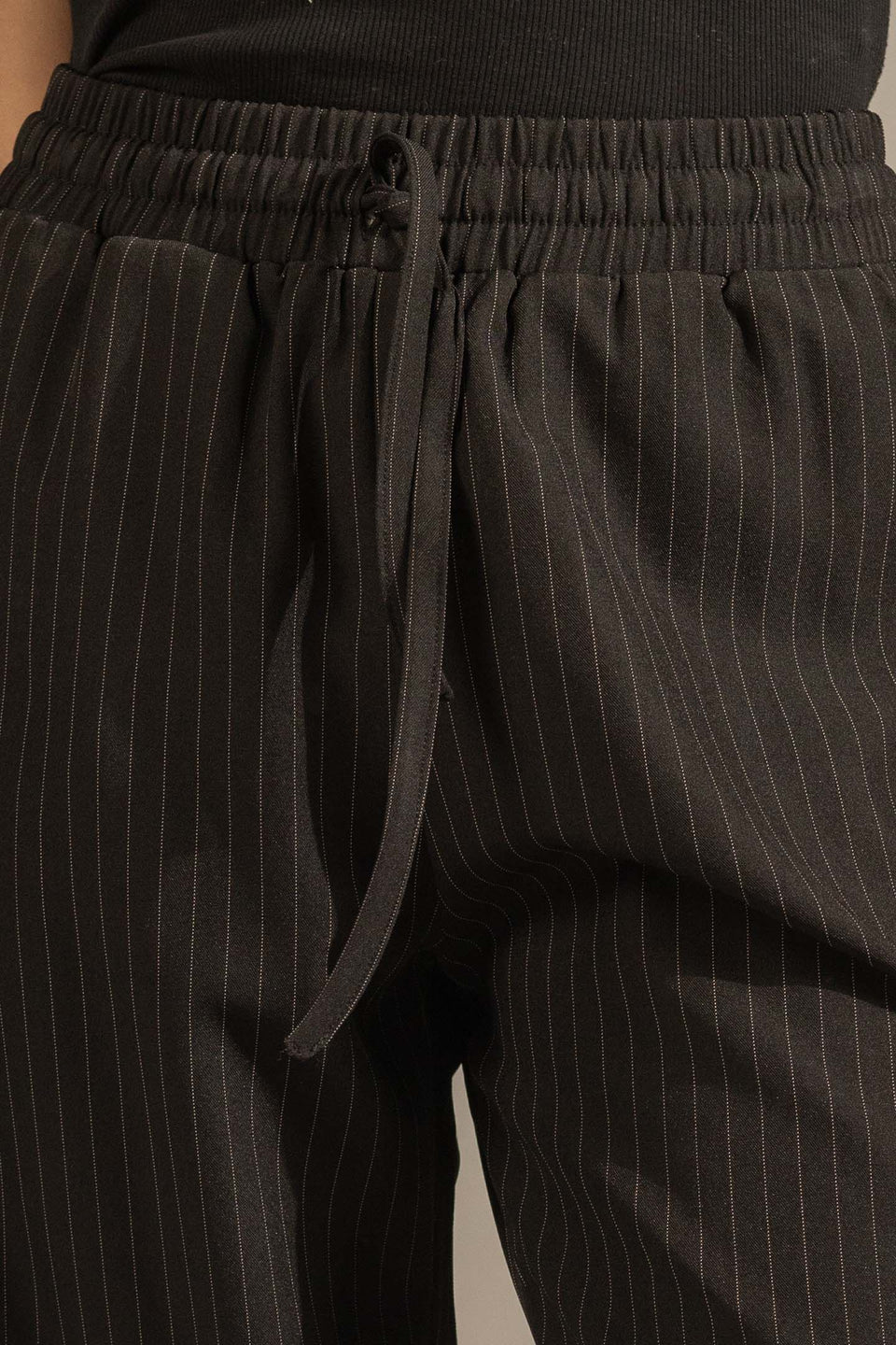 Black Pinstriped Wide-Leg Elastic Waist Pants