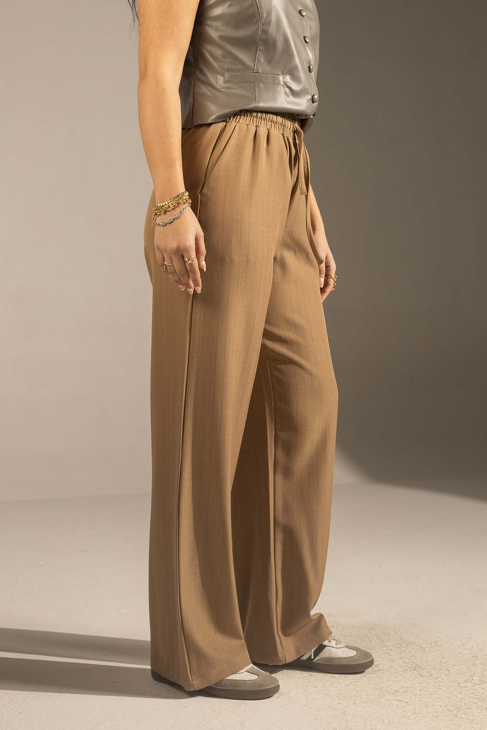 Camel Pinstriped Wide-Leg Elastic Waist Pants