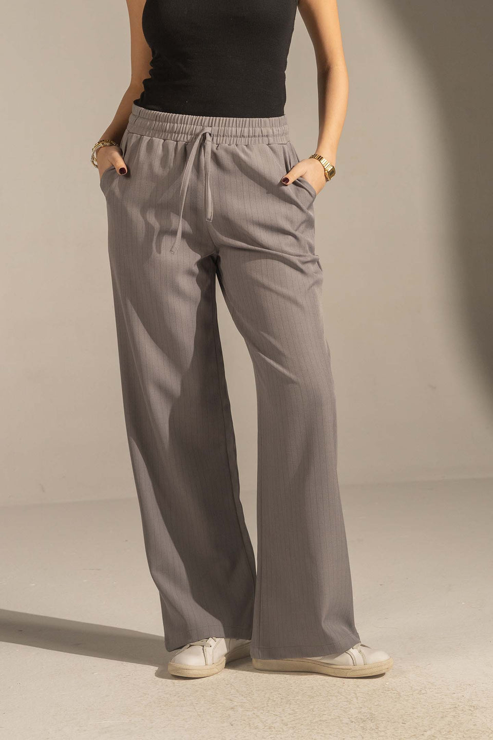 Grey Pinstriped Wide-Leg Elastic Waist Pants