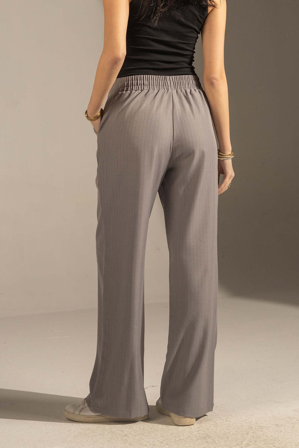 Grey Pinstriped Wide-Leg Elastic Waist Pants