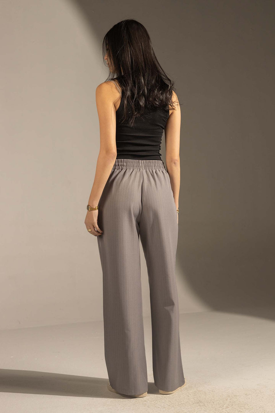 Grey Pinstriped Wide-Leg Elastic Waist Pants