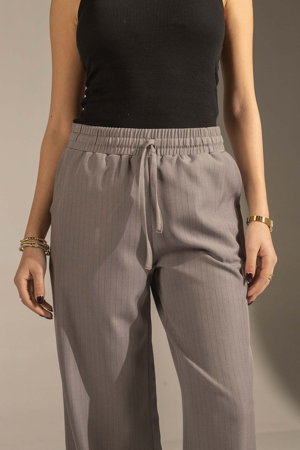 Grey Pinstriped Wide-Leg Elastic Waist Pants