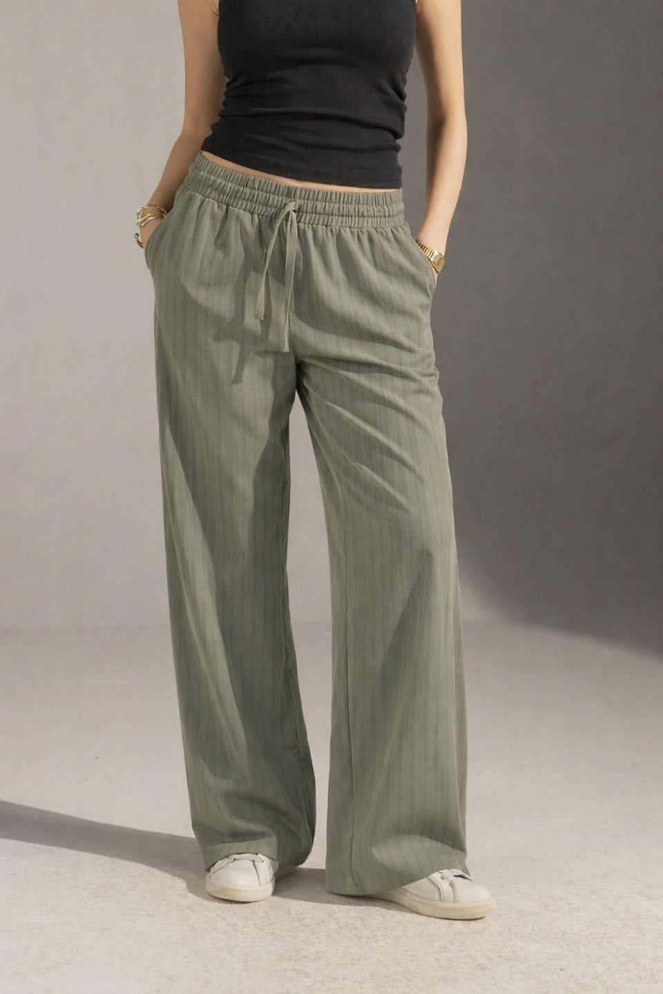 Olive Pinstriped Wide-Leg Elastic Waist Pants