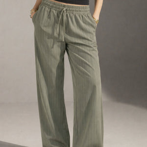 Olive Pinstriped Wide-Leg Elastic Waist Pants