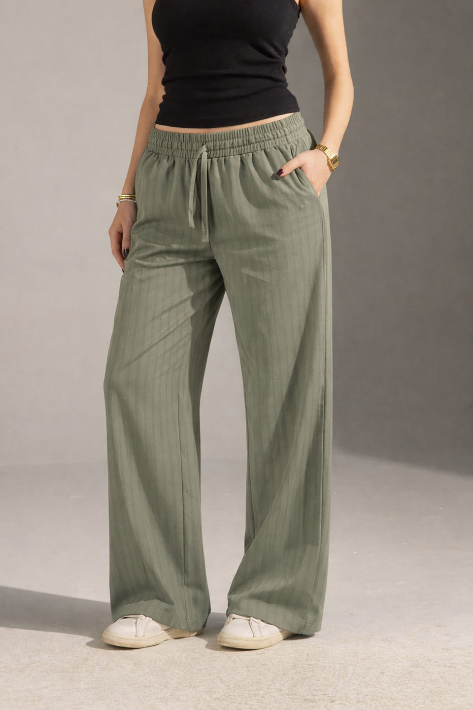 Olive Pinstriped Wide-Leg Elastic Waist Pants