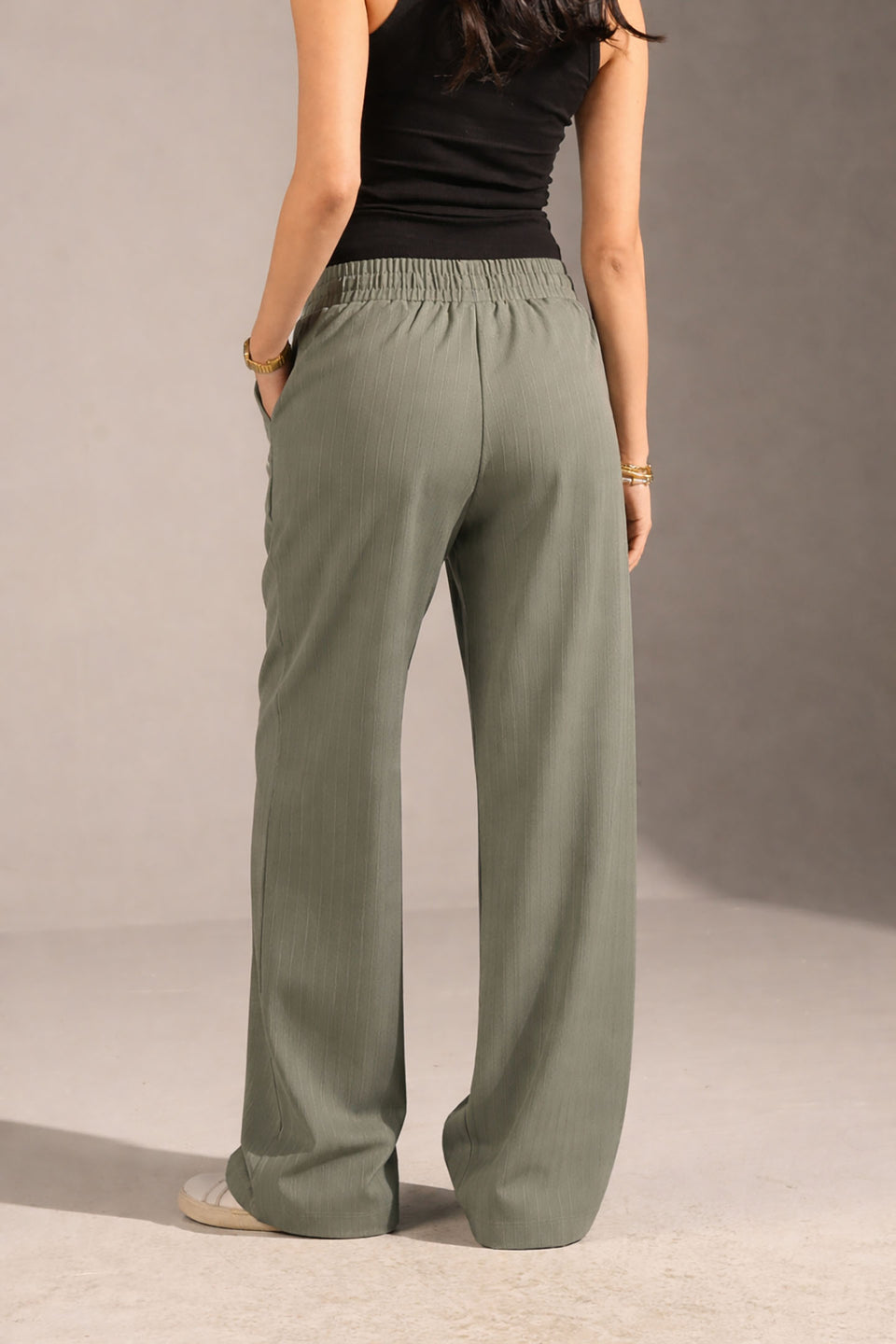 Olive Pinstriped Wide-Leg Elastic Waist Pants