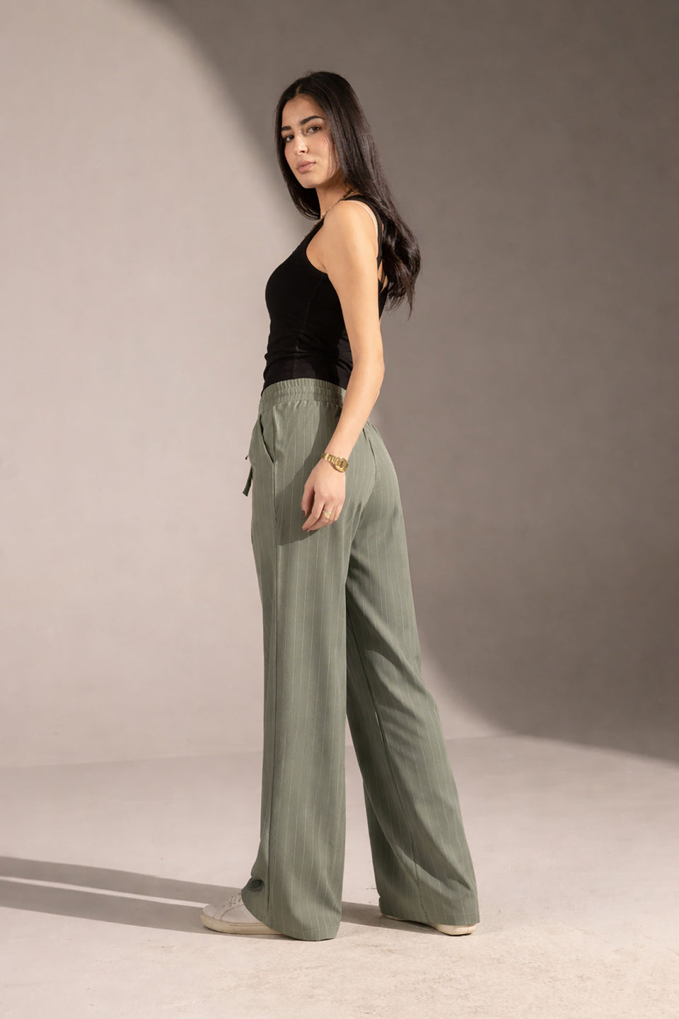 Olive Pinstriped Wide-Leg Elastic Waist Pants