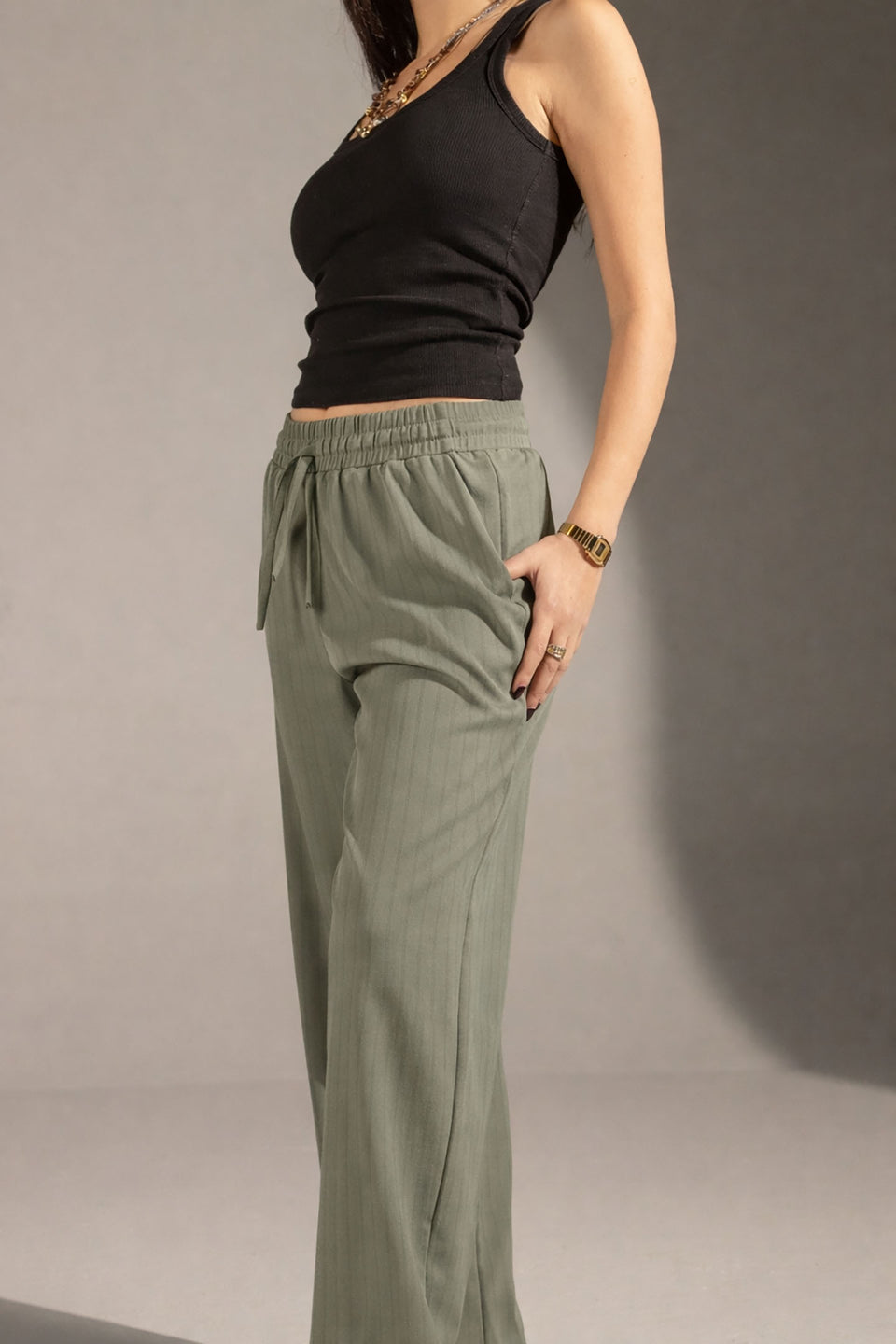 Olive Pinstriped Wide-Leg Elastic Waist Pants