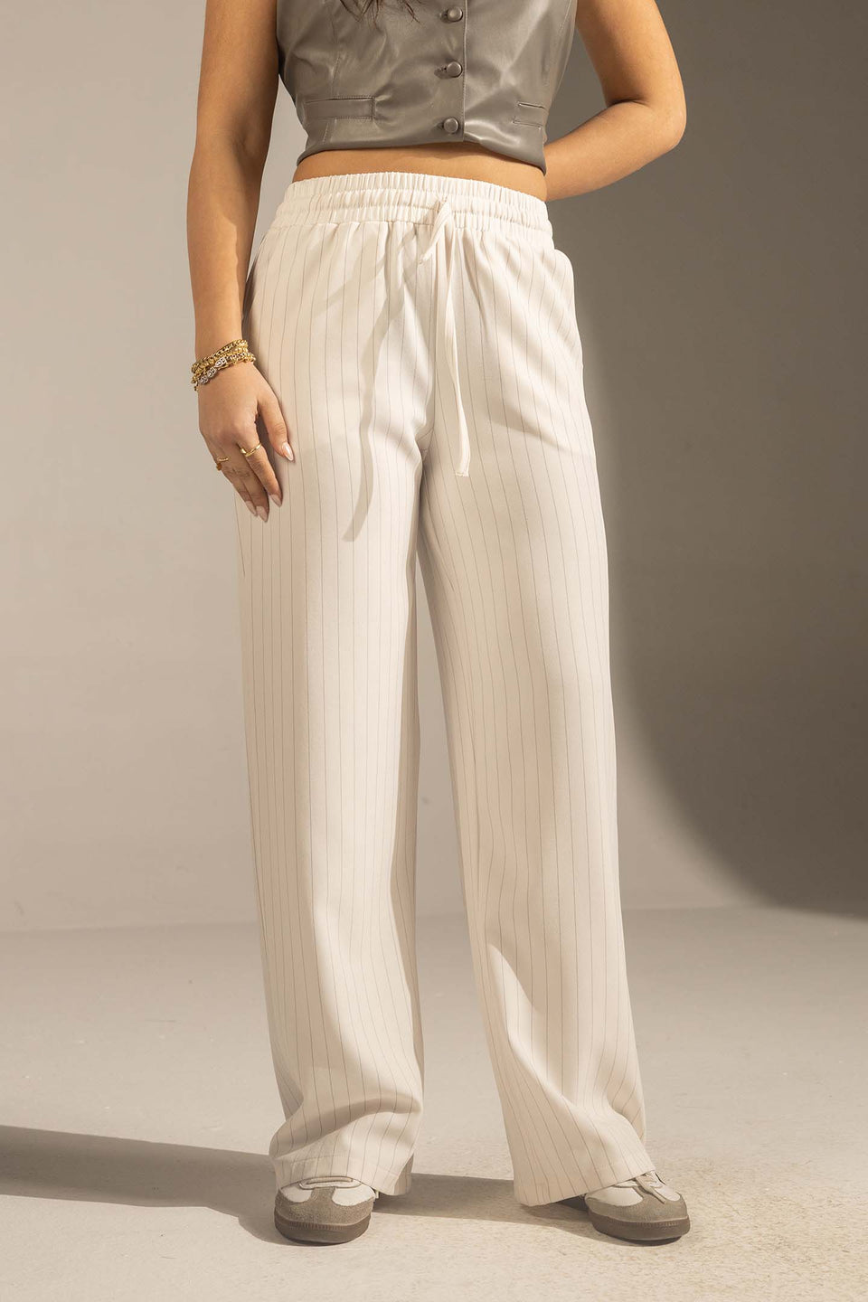 White Pinstriped Wide-Leg Elastic Waist Pants