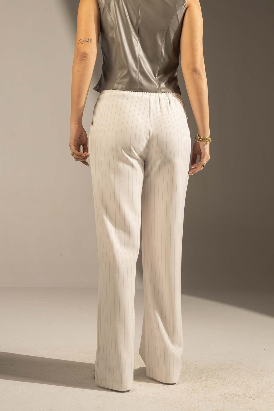 White Pinstriped Wide-Leg Elastic Waist Pants