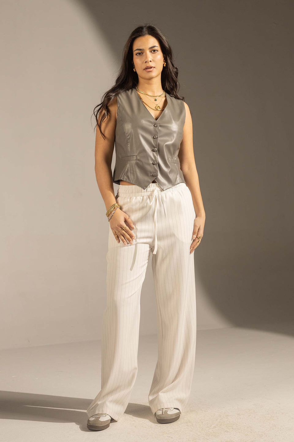 White Pinstriped Wide-Leg Elastic Waist Pants