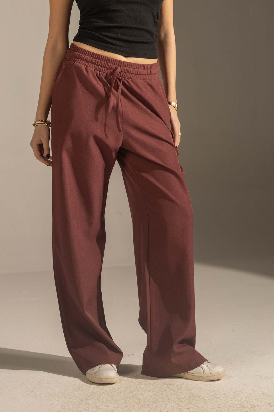 Burgundy Relaxed Wide-Leg Elastic Waist Pants
