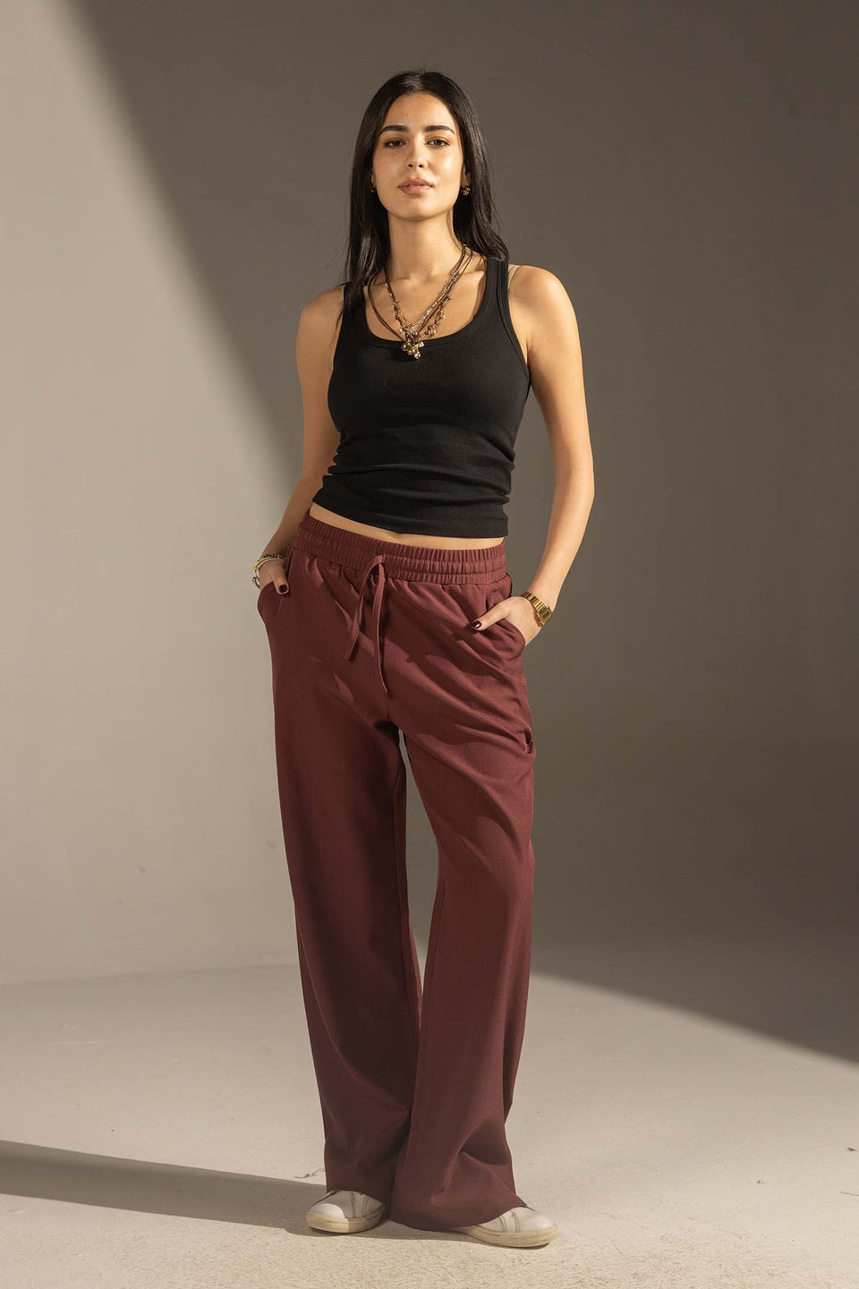 Burgundy Relaxed Wide-Leg Elastic Waist Pants