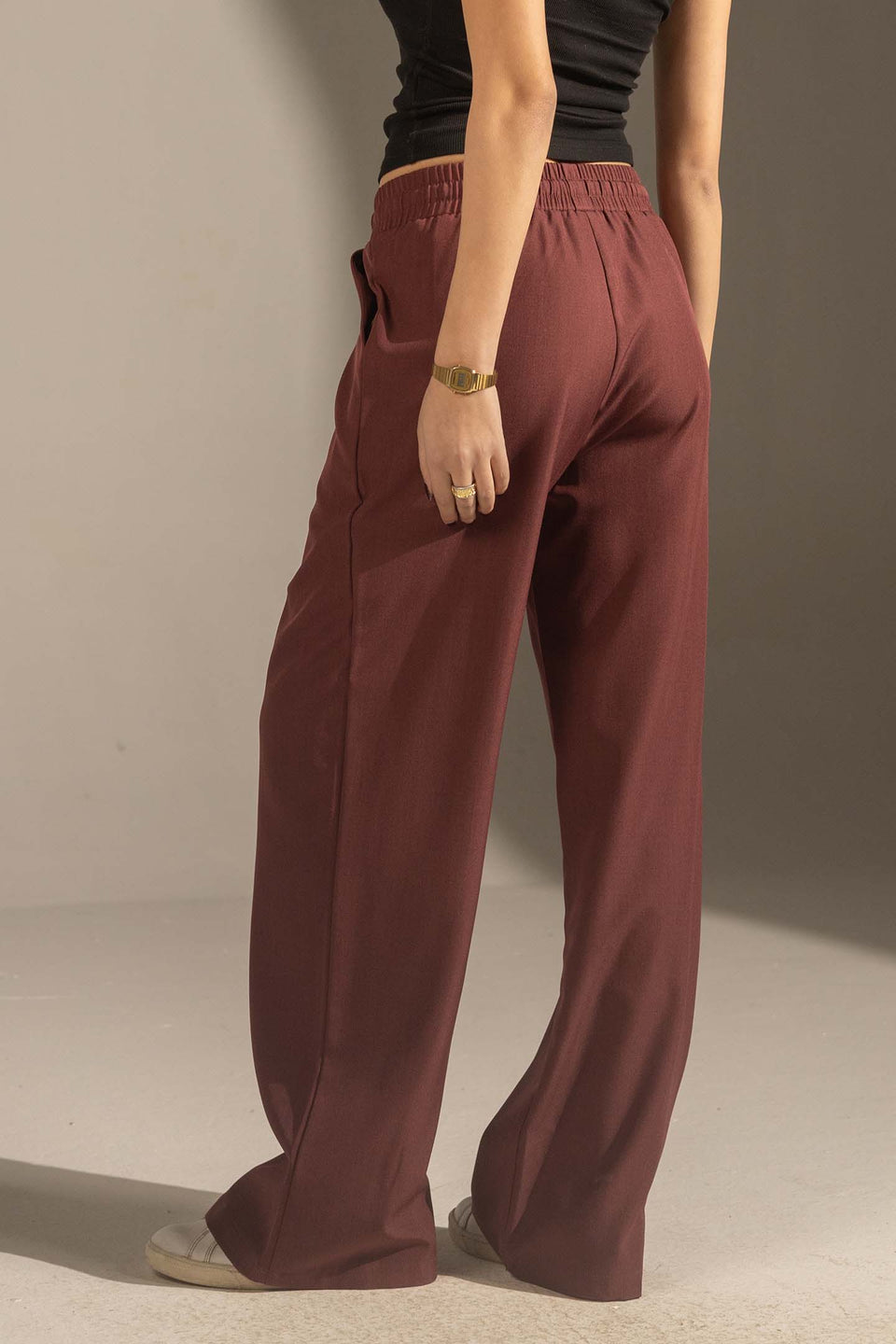 Burgundy Relaxed Wide-Leg Elastic Waist Pants