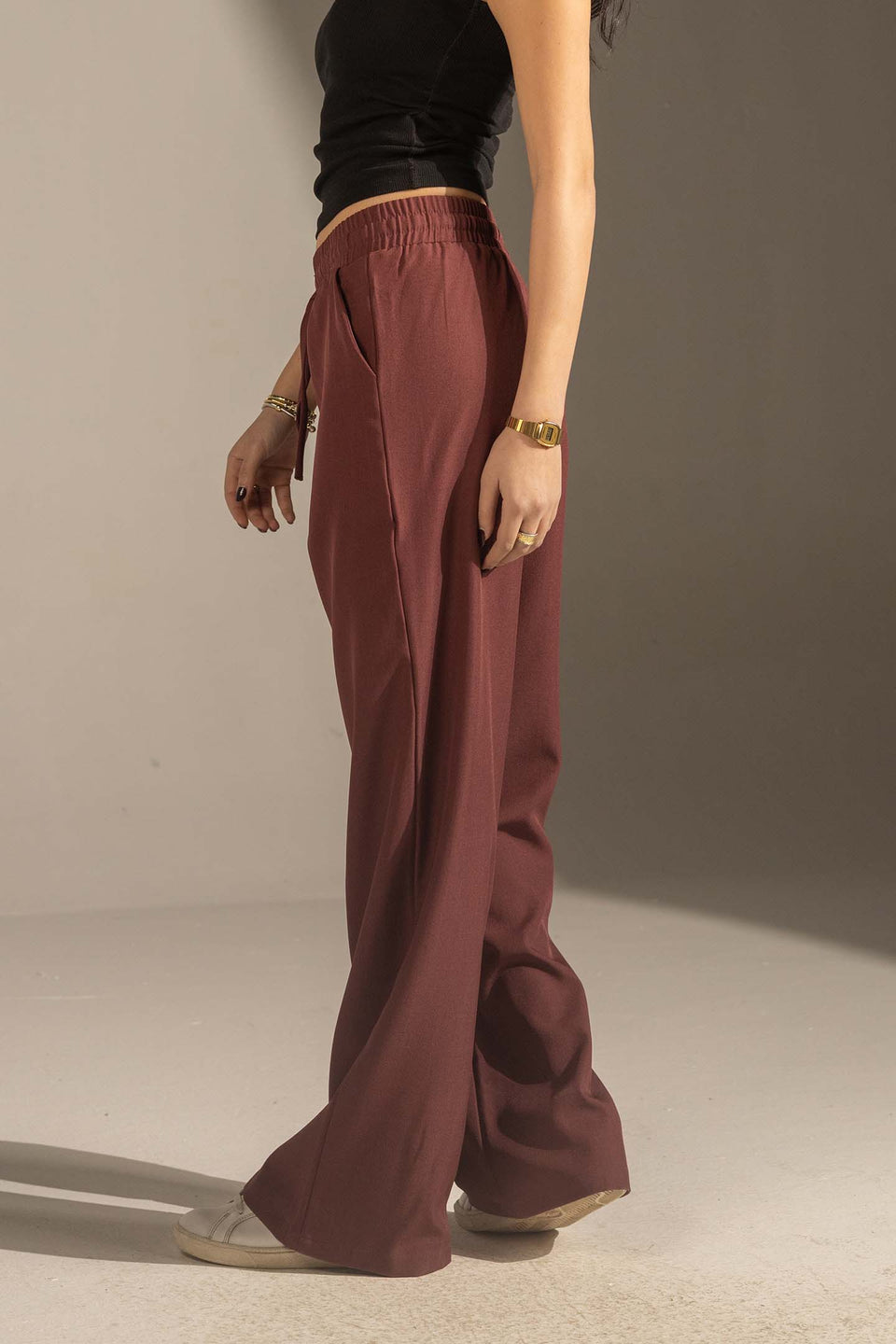 Burgundy Relaxed Wide-Leg Elastic Waist Pants