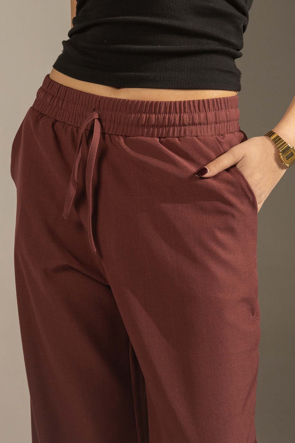 Burgundy Relaxed Wide-Leg Elastic Waist Pants