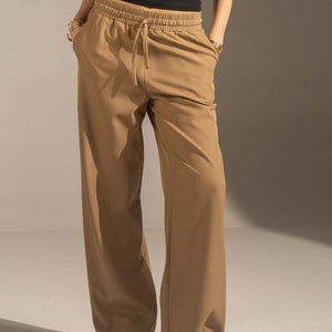 Camel Relaxed Wide-Leg Elastic Waist Pants