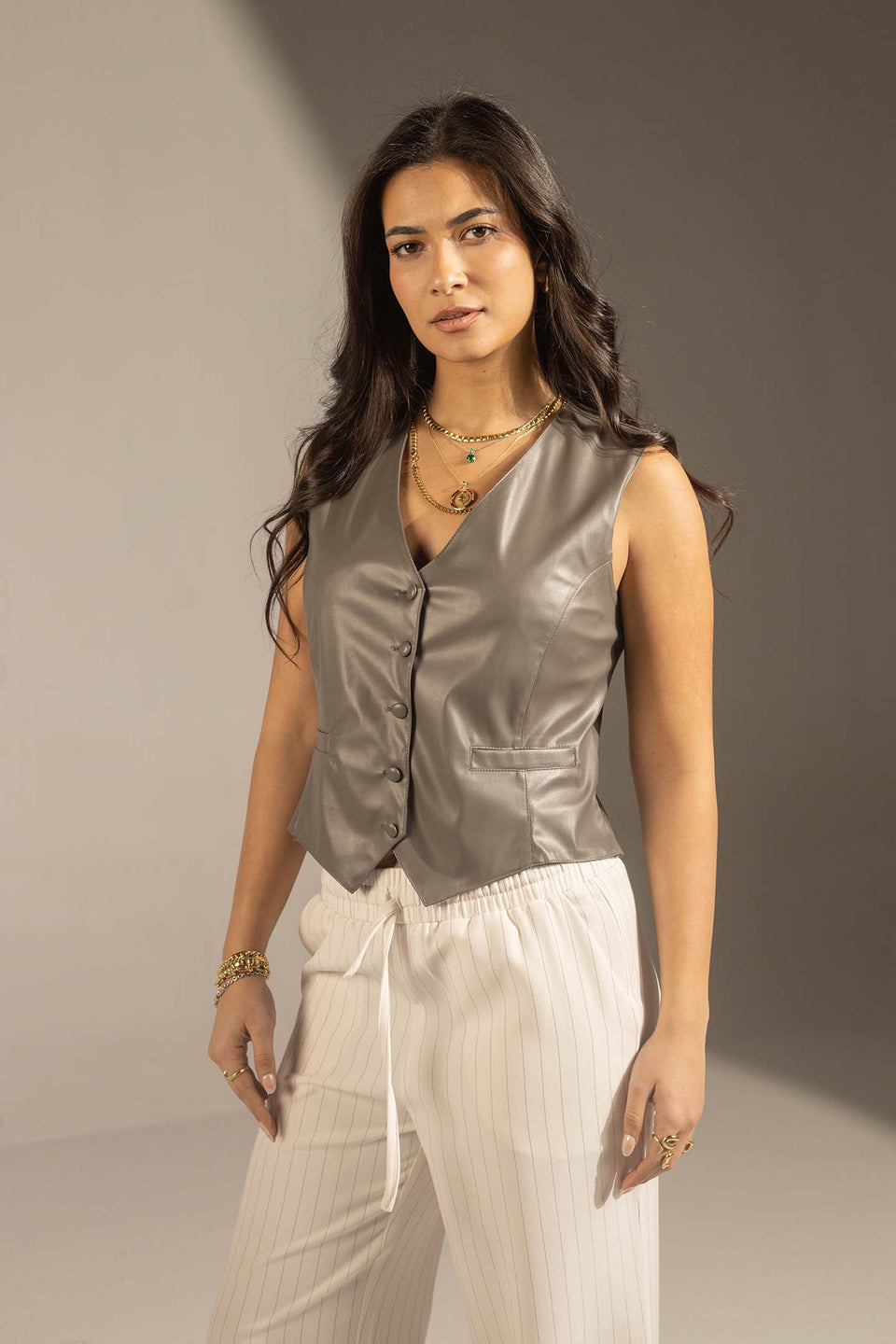 Grey Tailored Faux Leather Vest