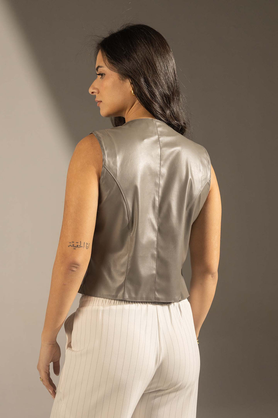 Grey Tailored Faux Leather Vest