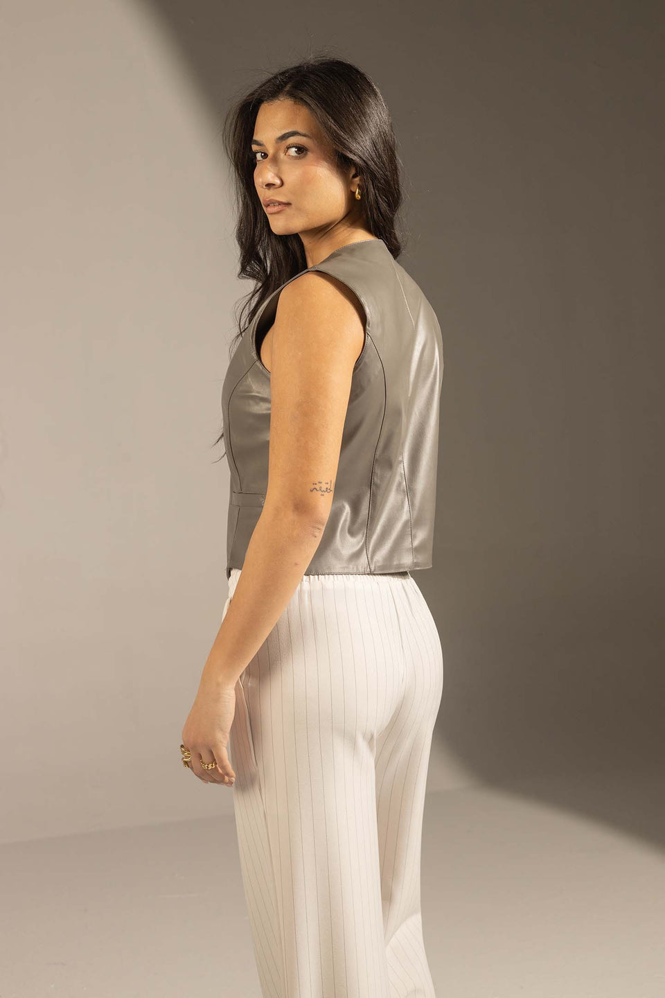 Grey Tailored Faux Leather Vest