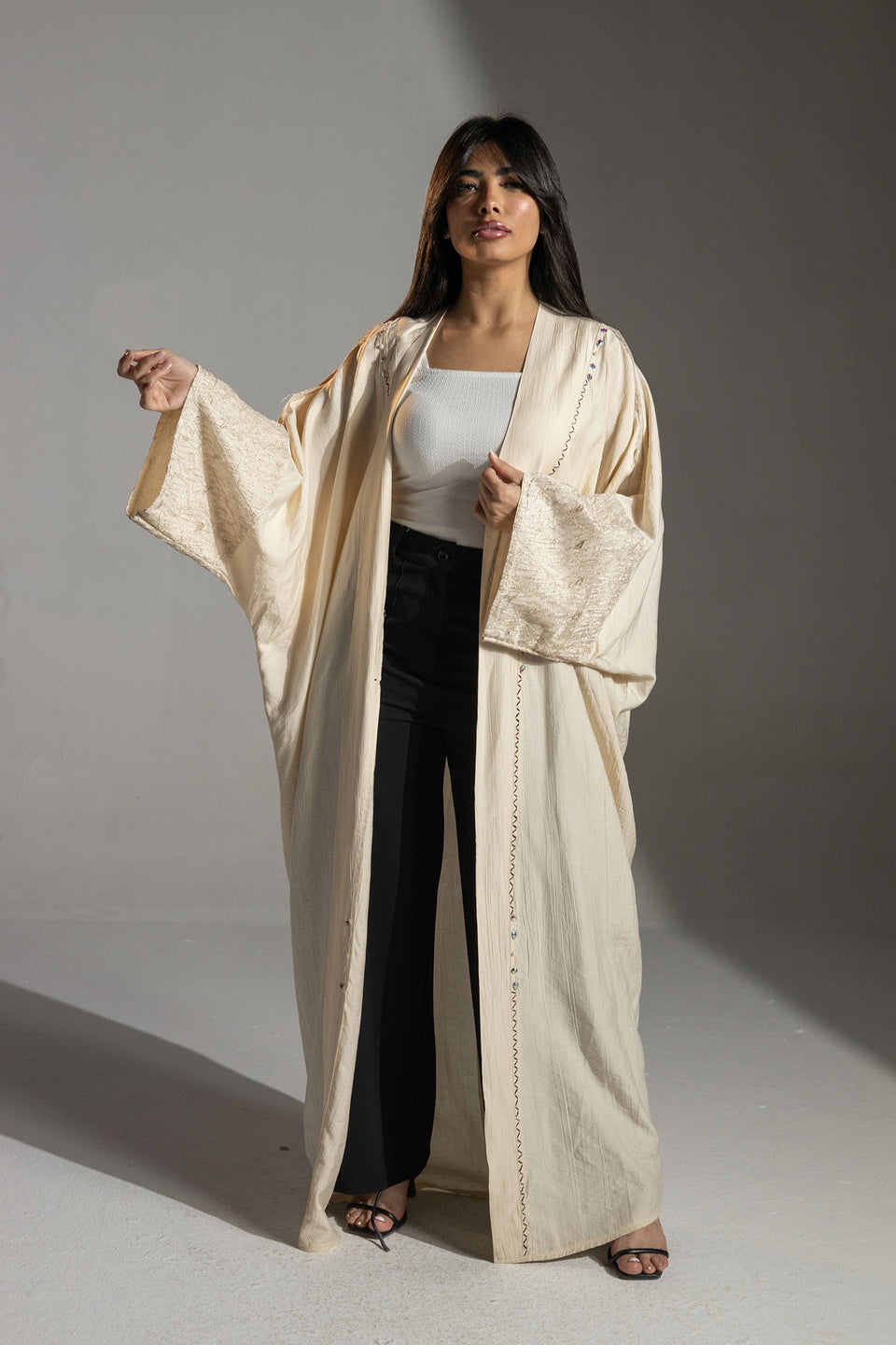 Beige Embroidered Sleeve Long Cardigan