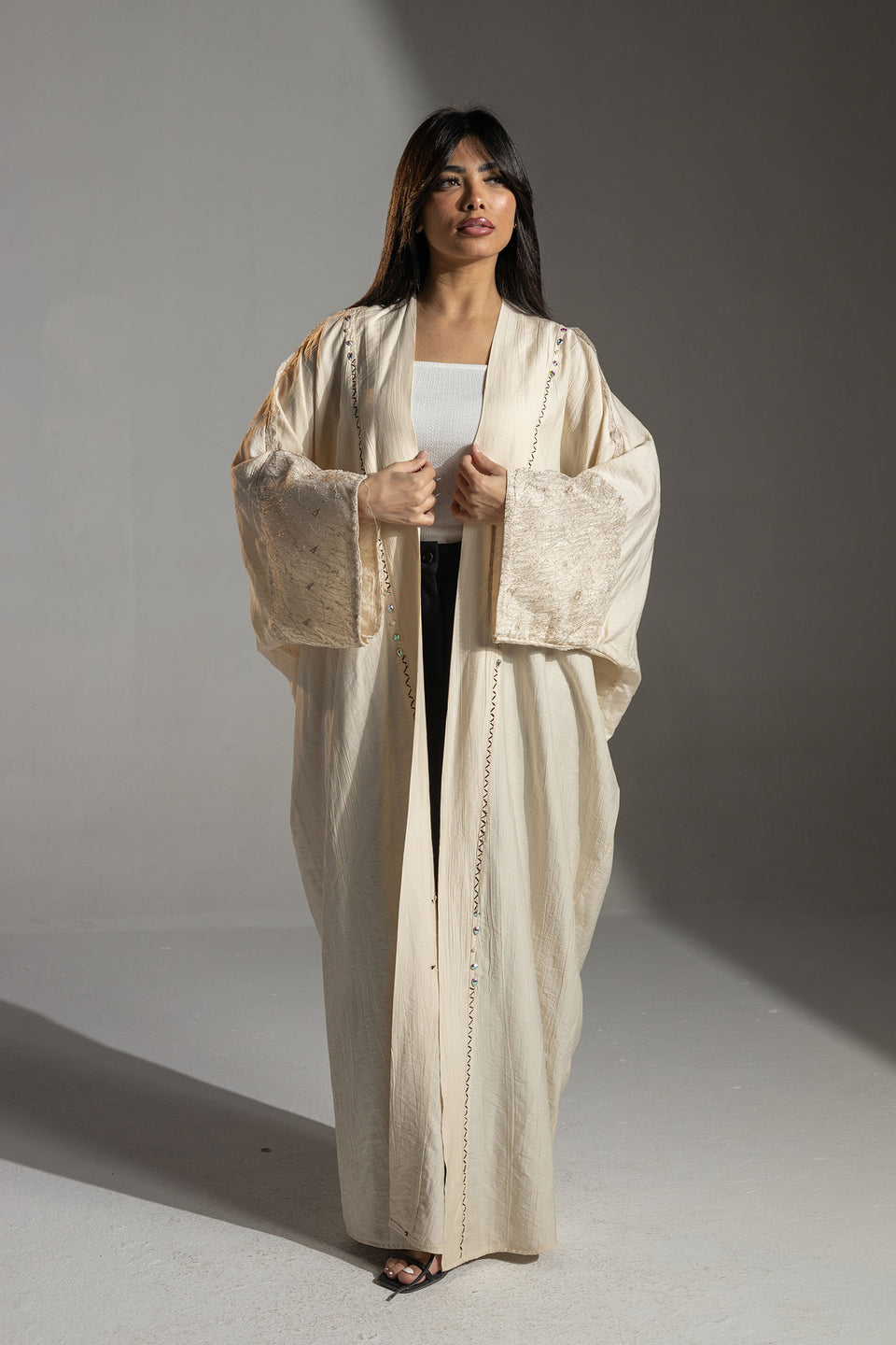 Beige Embroidered Sleeve Long Cardigan