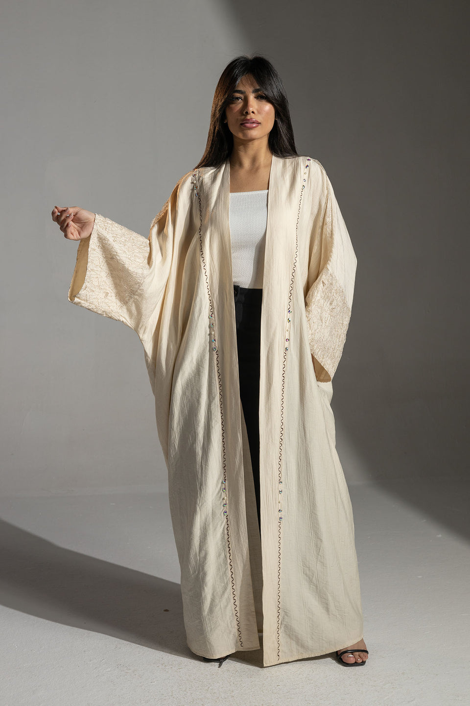 Beige Embroidered Sleeve Long Cardigan