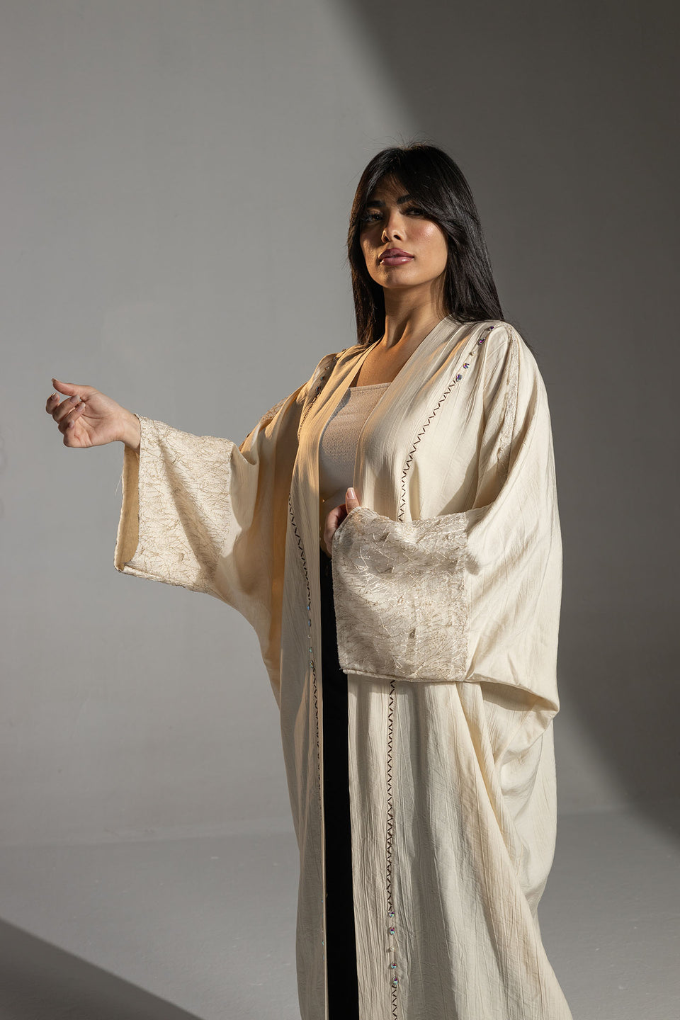 Beige Embroidered Sleeve Long Cardigan