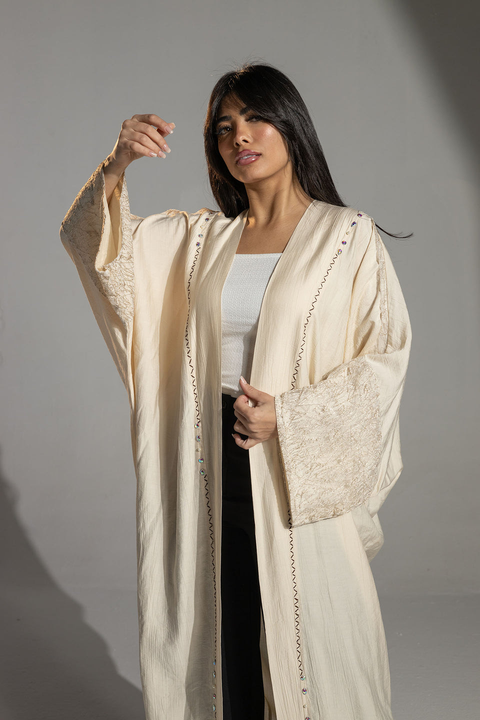 Beige Embroidered Sleeve Long Cardigan