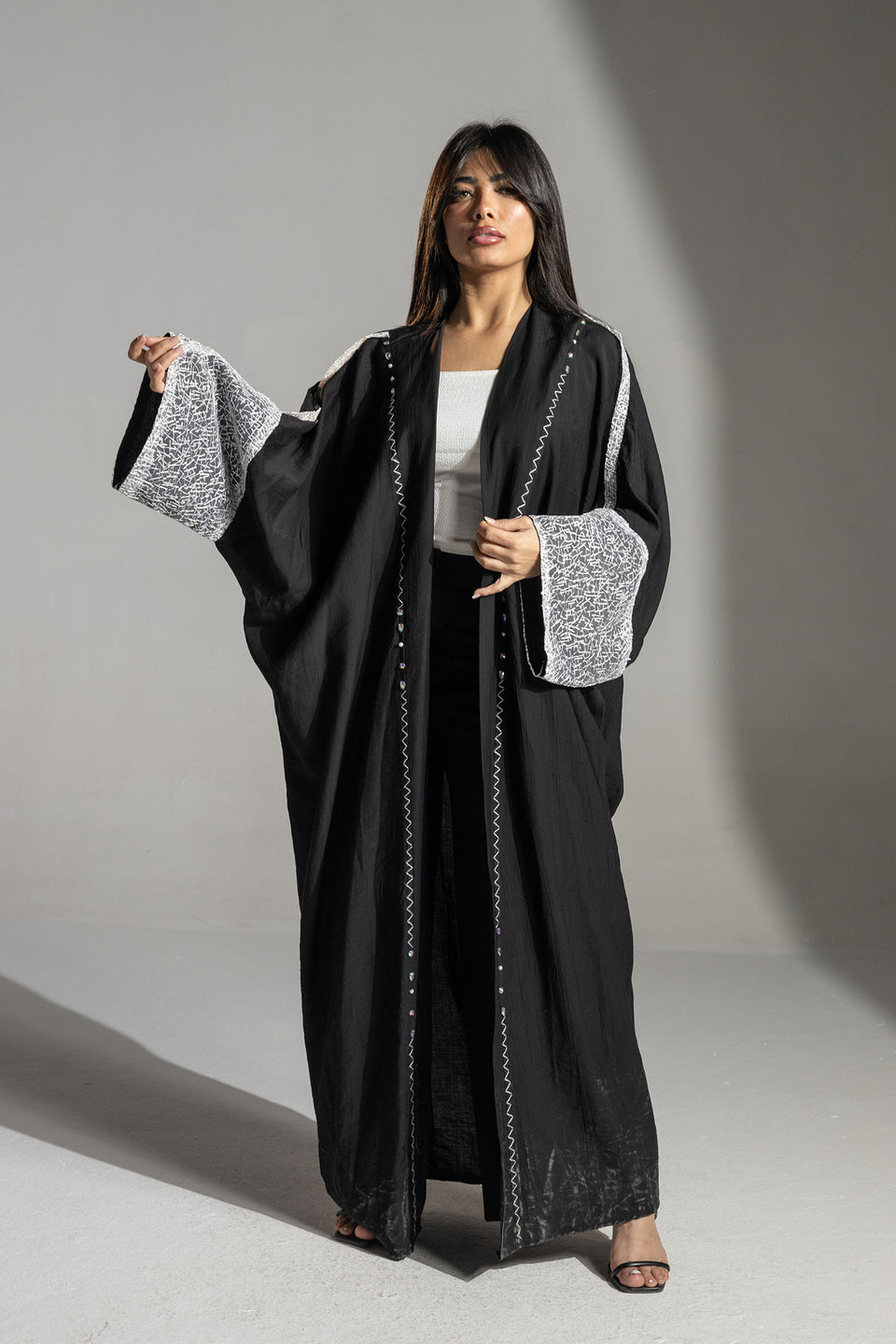 Black Embroidered Sleeve Long Cardigan