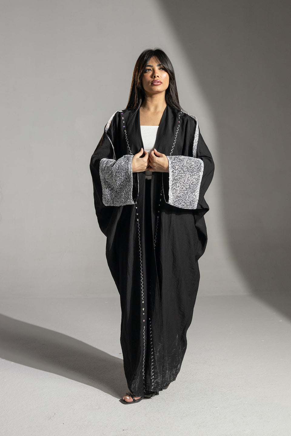 Black Embroidered Sleeve Long Cardigan