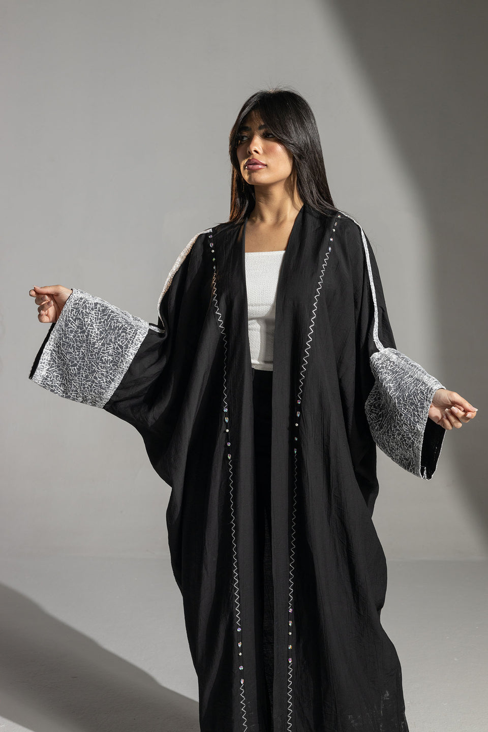 Black Embroidered Sleeve Long Cardigan