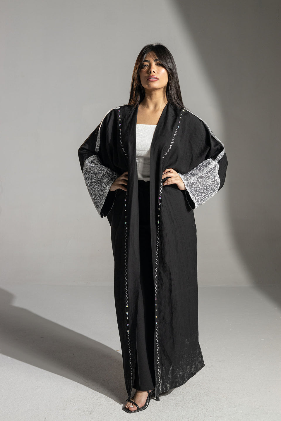 Black Embroidered Sleeve Long Cardigan