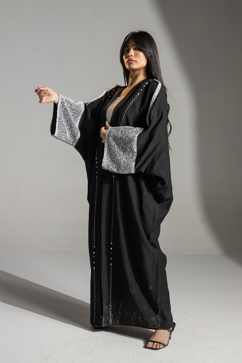 Black Embroidered Sleeve Long Cardigan