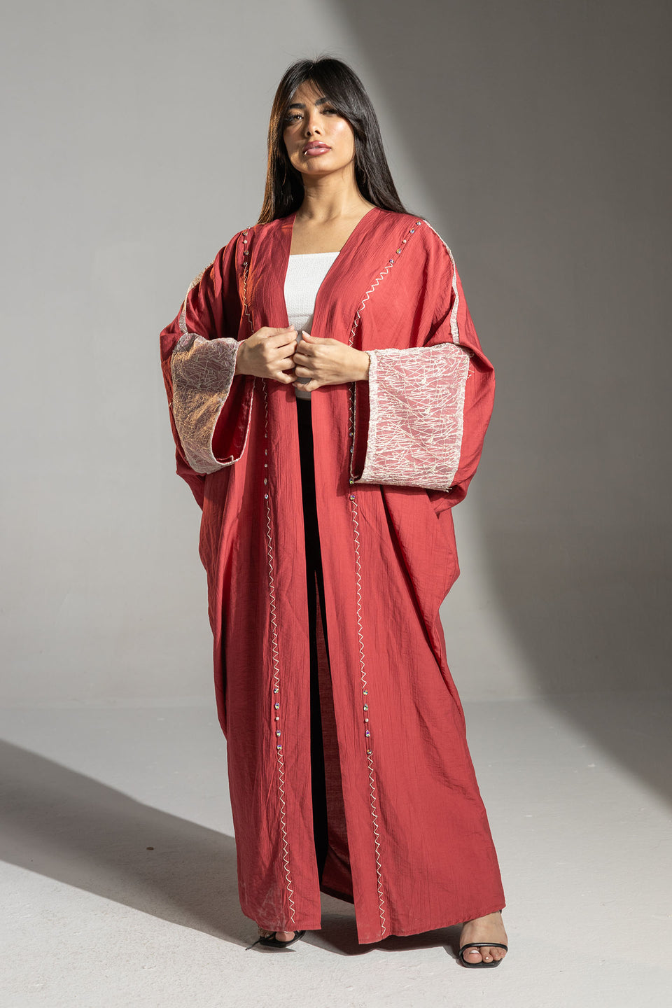 Red Embroidered Sleeve Long Cardigan