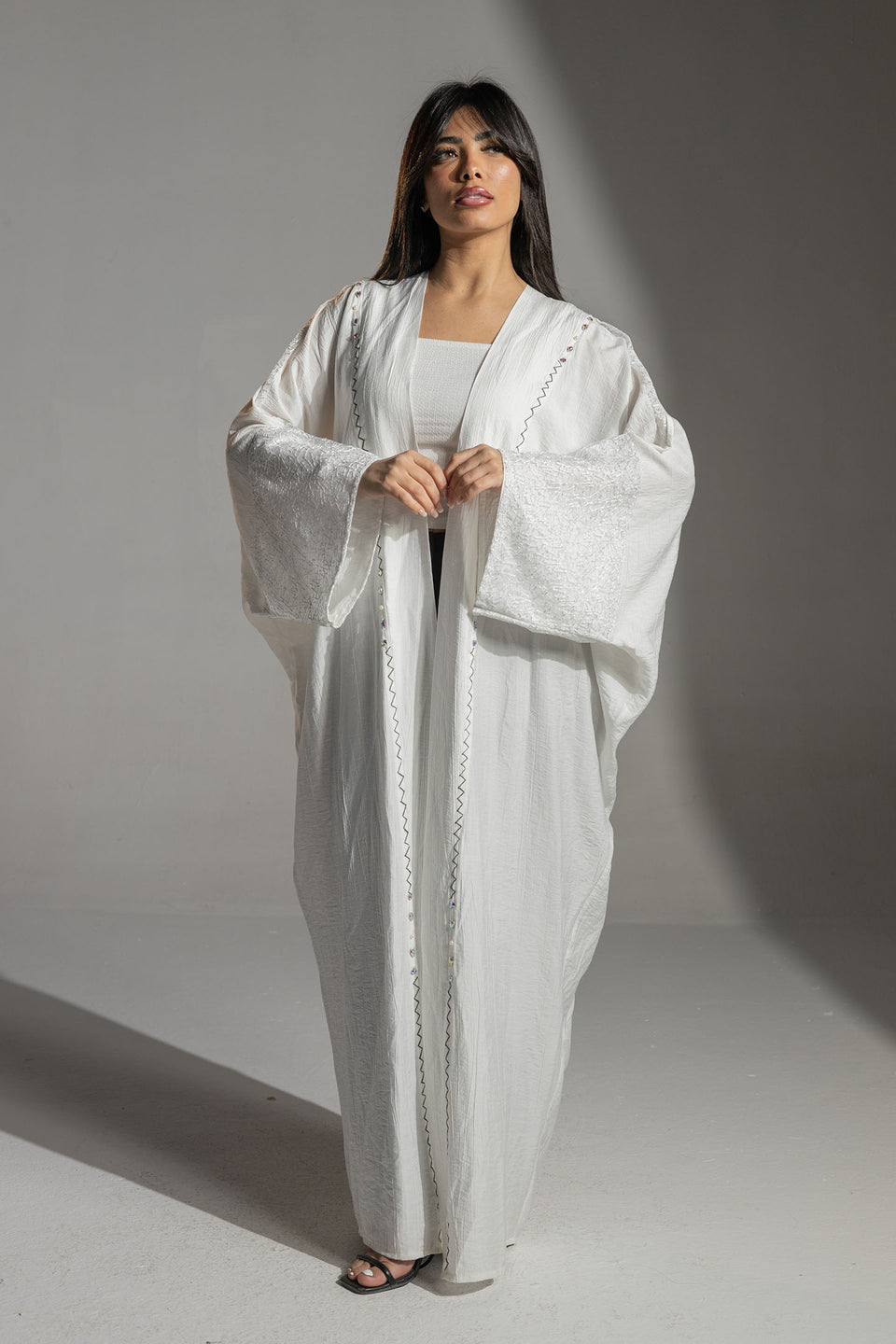 White Embroidered Sleeve Long Cardigan